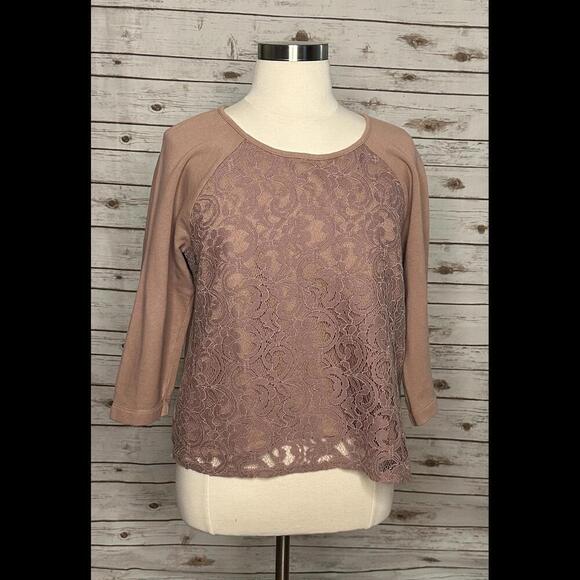 LOFT mauve cotton lace overlay fleece top Size XL - Picture 1 of 5